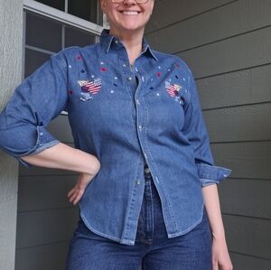Vintage Quizz Again Patriotic Bears With Hearts Embroidered Denim Shirt Size M